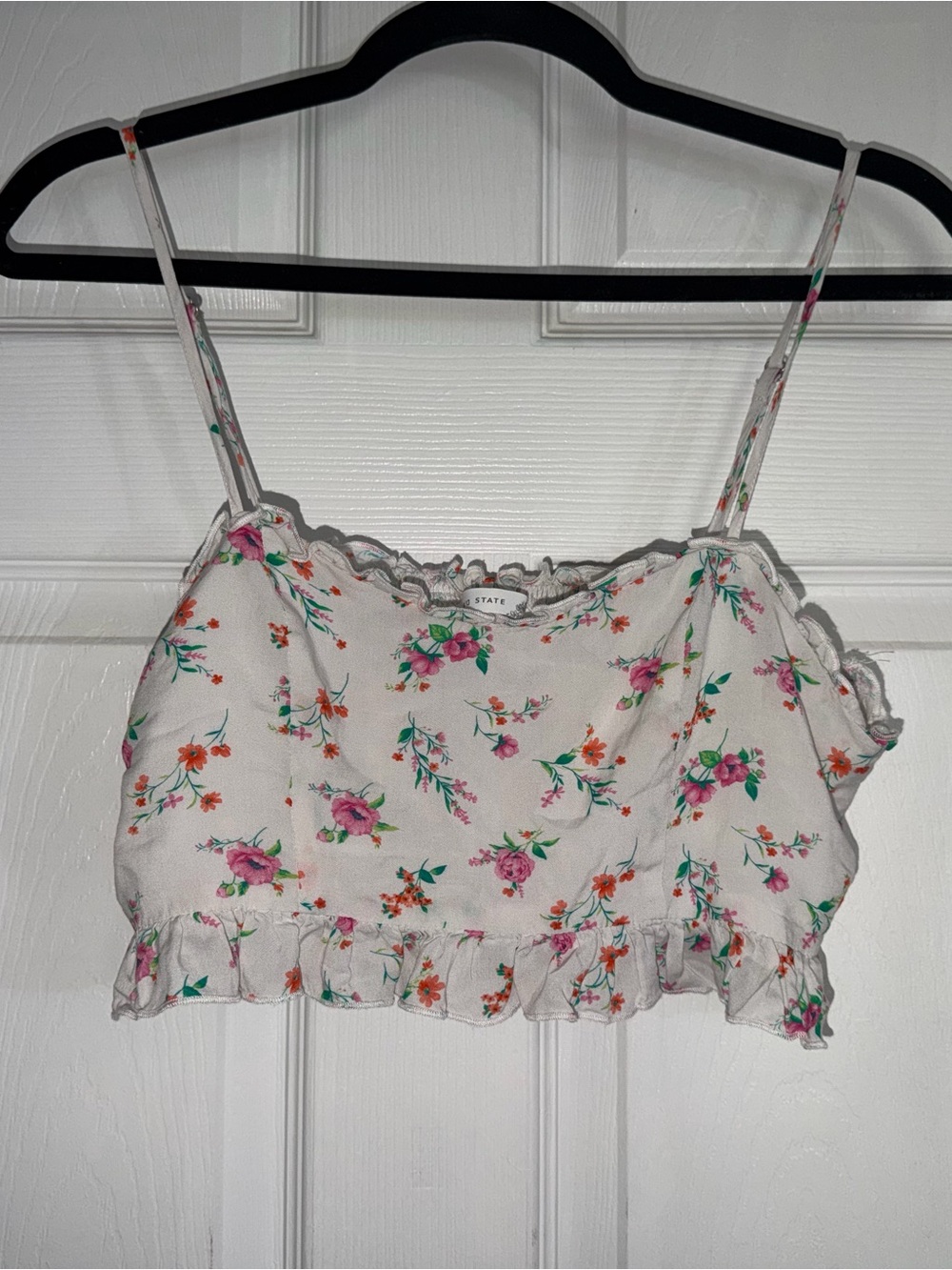 Altar'd State White Floral Ruffle Crop Top with Pink & Orange Blooms